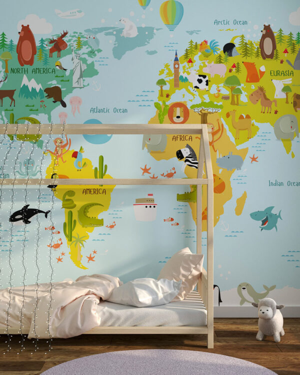 Дитячі фотошпалери карта світу у барвистих кольорах з мінімалістичними малюнками різних тварин у дитячій кімнаті