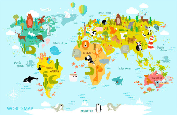 Дитячі фотошпалери карта світу у барвистих кольорах з мінімалістичними малюнками різних тварин