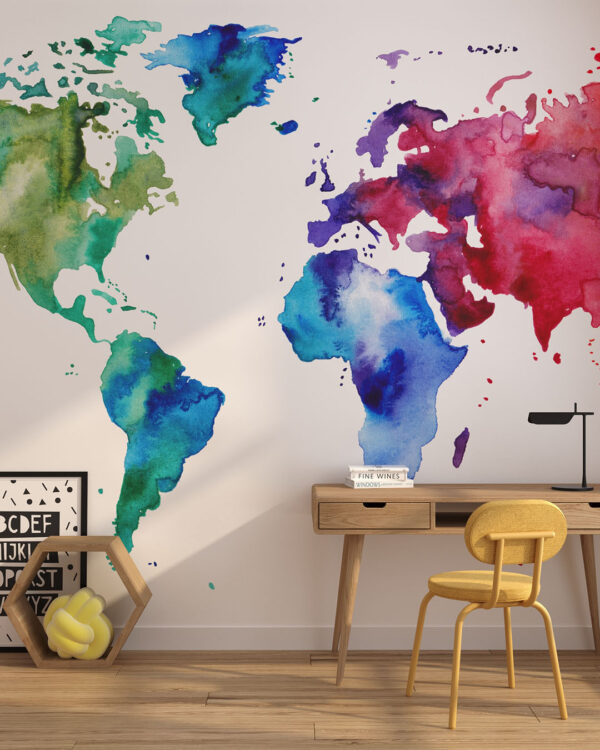 Дизайнерські фотошпалери акварельна карта світу в барвистих кольорах на білому тлі в дитячій кімнаті