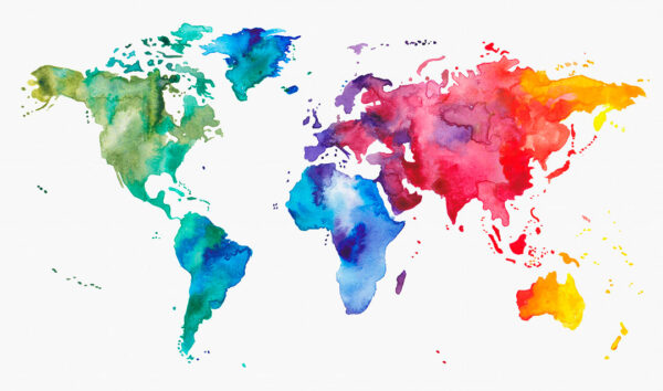 Дизайнерські фотошпалери акварельна карта світу в барвистих кольорах на білому тлі