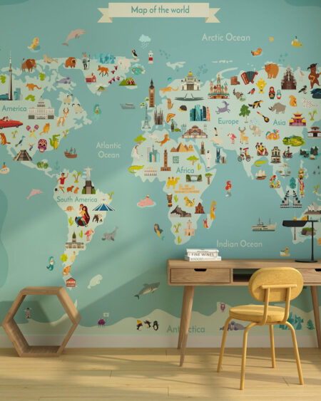 Дитячі фотошпалери дизайнерська карта світу з малюнками тварин, архітектури та традицій певної місцевості у дитячій кімнаті