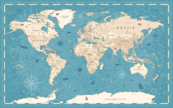 Дизайнерські фотошпалери дитяча карта світу з декоративними морськими ілюстраціями