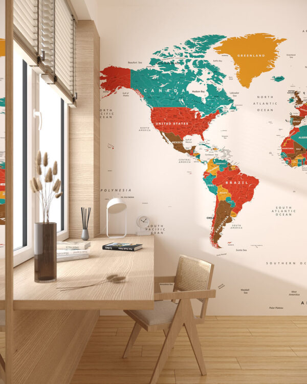 Сучасні фотошпалери карта світу в яскравих кольорах на білому тлі в офісі