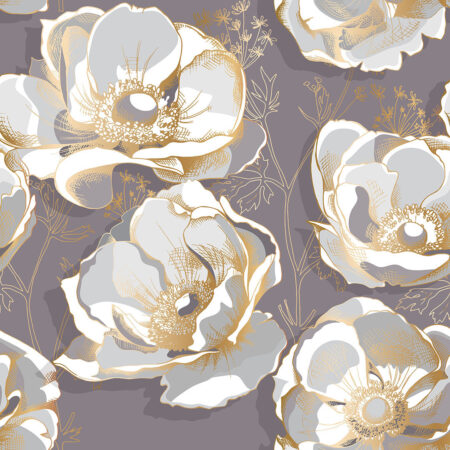 Фотообои графические цветы в белых тонах с золотыми контурами