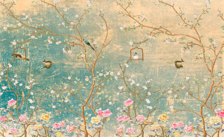 Винтажные обои с цветущими деревьями и птицами на декоративном фоне