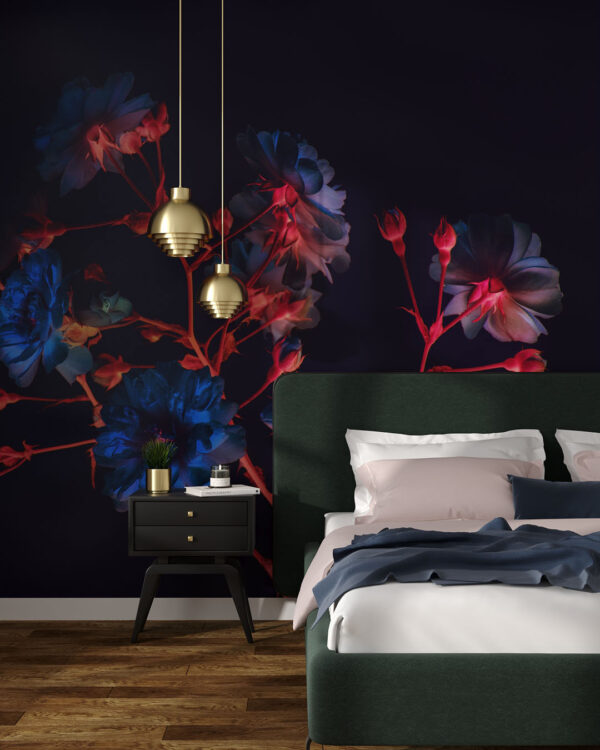 Дизайнерские фотообои цветы в неоновом свете на темном фоне в спальне