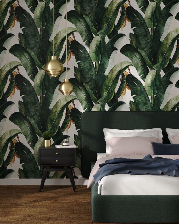 Фотообои банановые листья паттерн на белом фоне в спальне