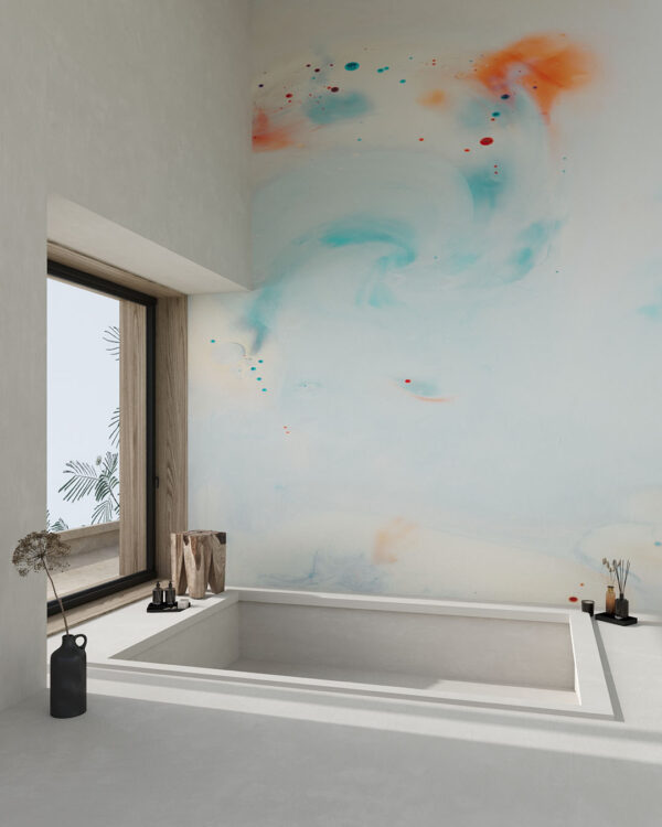 Шпалери текстура з розводами молочної фарби з кольоровими вкрапленнями у ванній кімнаті