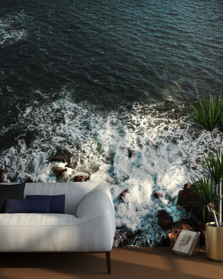Фотообои море с бьющимися о камни волнами в гостиной