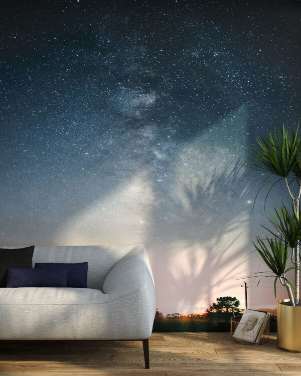 Фотообои Млечный Путь в звёздном небе над городским пейзажем в гостиной