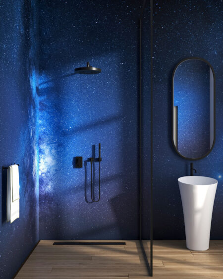 Фотообои Млечный Путь в тёмно-синем звёздном небе в ванной комнате
