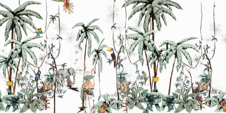 Шпалери тропічні тварини та птахи з пальмами на білому тлі