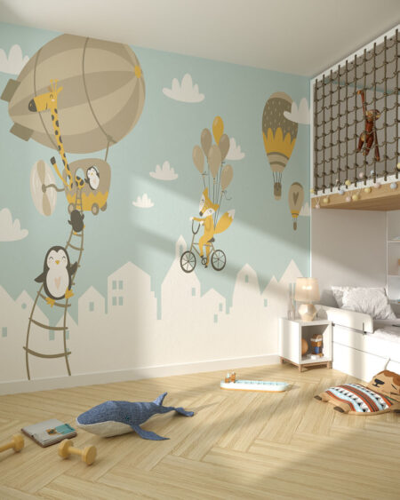 Фотошпалери повітряні кулі з жирафом, пінгвінами та лисицею на тлі неба у дитячій кімнаті