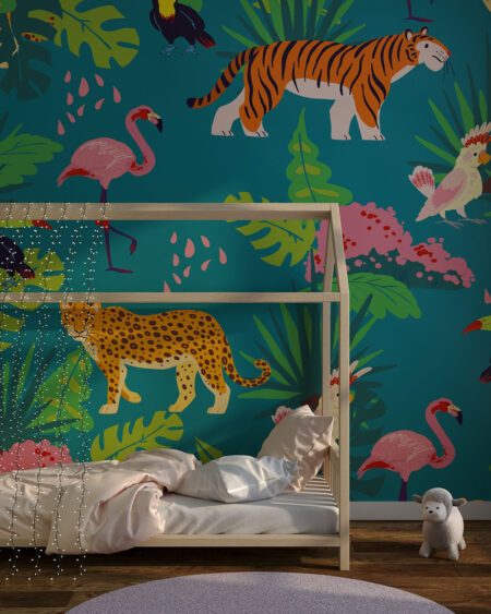 Шпалери тропічні листя та тварини у барвистих кольорах у дитячій кімнаті