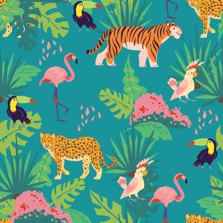 Шпалери тропічні листя та тварини у барвистих кольорах