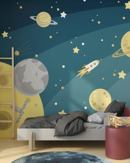 Обои космос с планетами и ракетой в графическом стиле в детской комнате