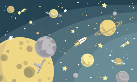 Детские обои космос с планетами и ракетой в графическом стиле
