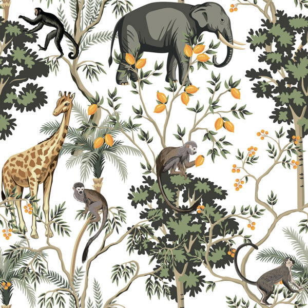 Обои джунгли с жирафом, слоном и обезьянами на деревьях на белом фоне