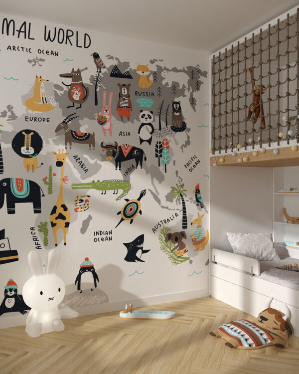 Дитячі фотошпалери мапа світу з мінімалістичними малюнками тематичних тварин на білому тлі в дитячій кімнаті