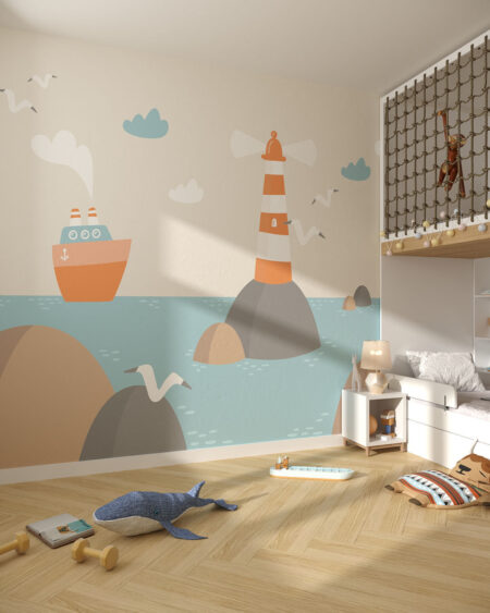 Фотошпалери маяк у морі з кораблем у графічному стилі у дитячій кімнаті