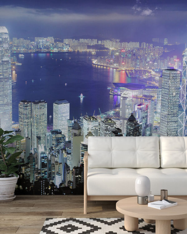 Фотообои небоскребы ночного Гонконга с высоты птичьего полета в гостиной