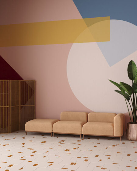 Обои геометрические формы в стиле Баухаус в разноцветных тонах в гостиной