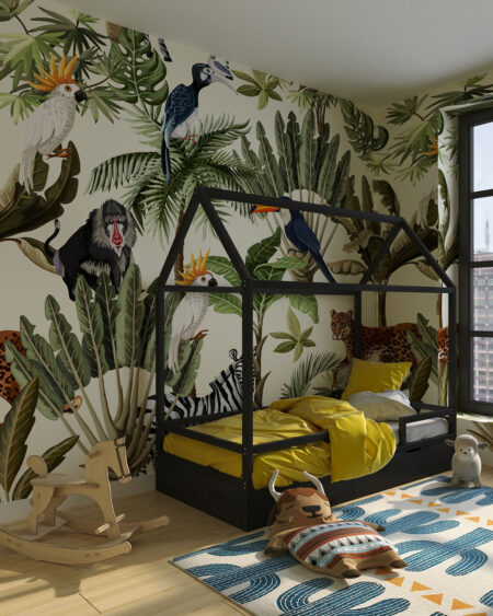 Фотошпалери джунглі з тваринами та птахами у графічному стилі у дитячій кімнаті