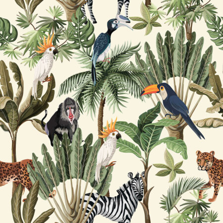Фотошпалери джунглі з тваринами та птахами у графічному стилі