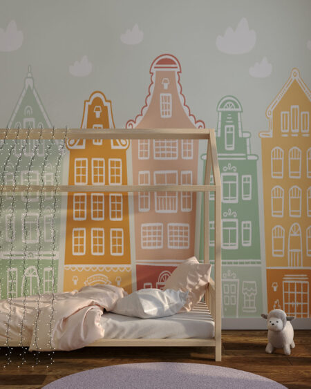 Фотообои домики разноцветные в графическом стиле в детской комнате