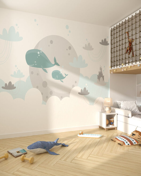 Шпалери кити та місяць з хмарами у графічному стилі у дитячій кімнаті