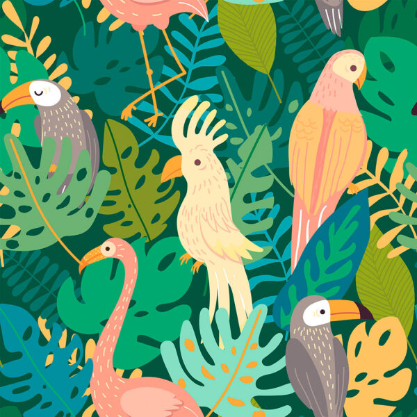 Шпалери тропічні листя з кольоровими птахами в графічному стилі