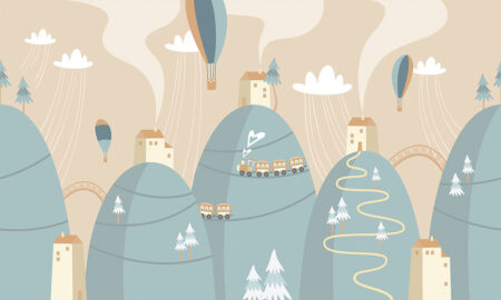 Детские обои с воздушными шарами и домами на холмах в графическом стиле