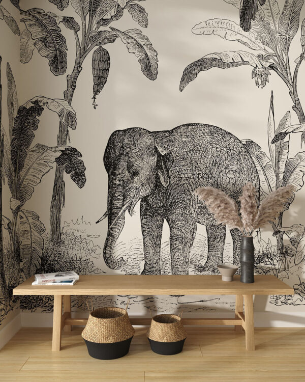 Обои слон с пальмами в графическом стиле на сером фоне в прихожей
