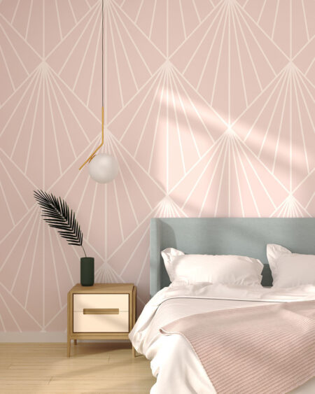 Геометрические обои в стиле арт-деко на нежно-розовом фоне в спальне