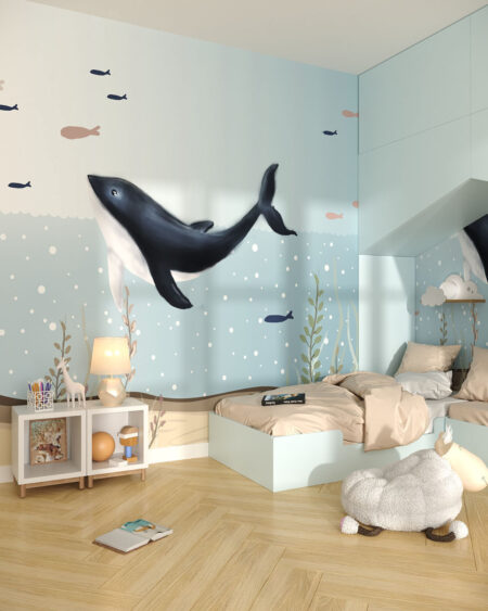 Обои кит с рыбками в море с водорослями в графическом стиле в детской
