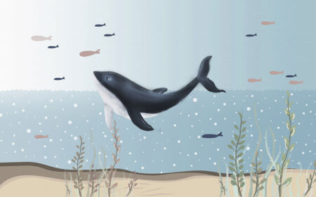 Обои кит с рыбками в море с водорослями в графическом стиле