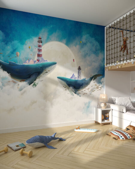 Фотообои киты парящие в облаках в графическом стиле в детской