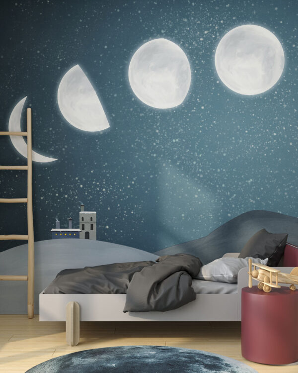 Дизайнерські фотошпалери Місяць у всіх фазах на тлі синього неба над засніженим краєвидом у дитячій кімнаті