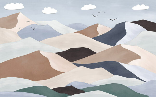 Шпалери гори в пастельних кольорах з літаючими птахами у хмарах