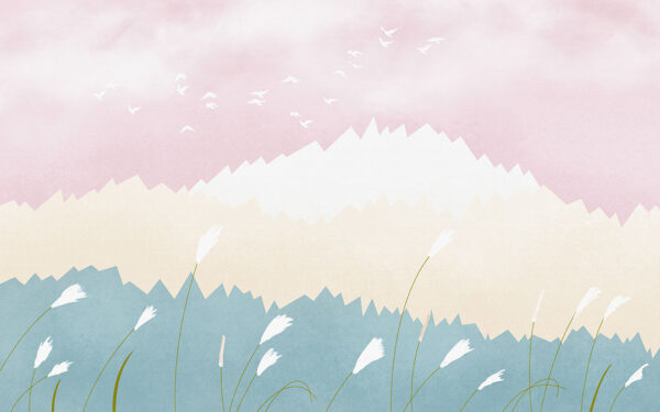 Фотообои цветы и птицы летящие в розовом небе в графическом стиле