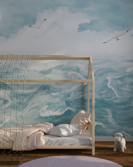 Фотообои нарисованное море в шторм с пролетающими над ним чайками в детской