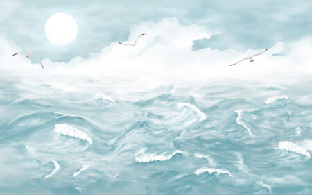 Фотообои нарисованное море в шторм с пролетающими над ним чайками