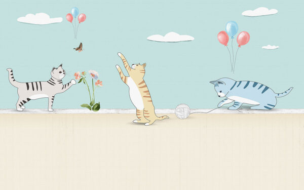 Фотообои коты играющие с клубком ниток и бабочкой