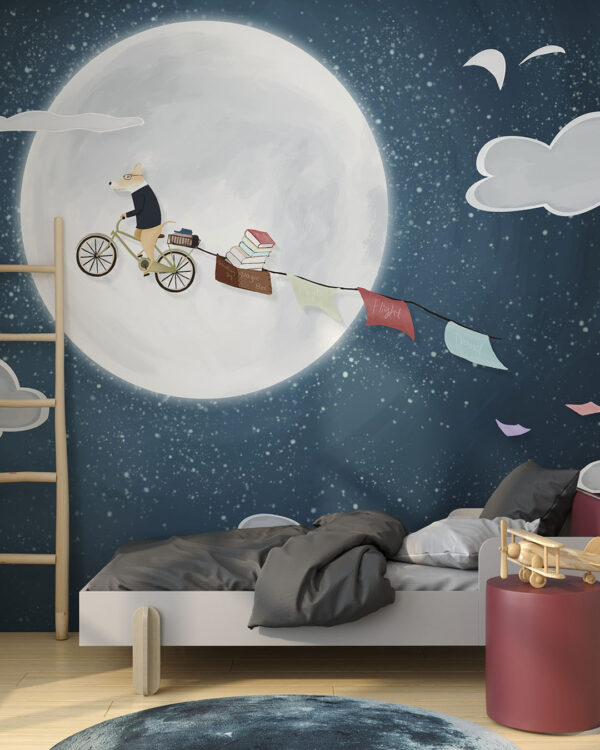 Шпалери лис летить на велосипеді на тлі місяця у дитячій кімнаті