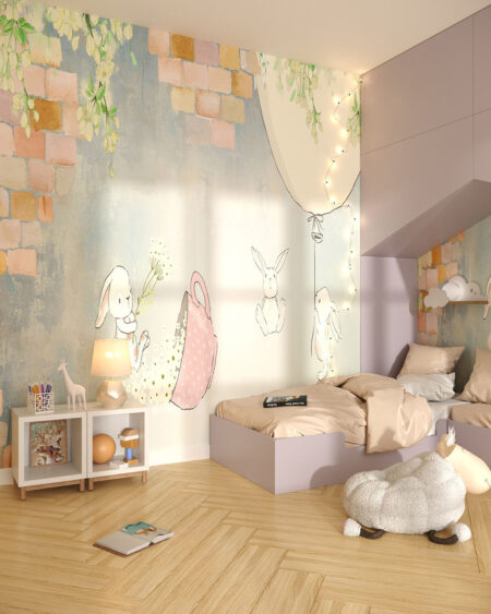 Обои кролики с цветами из чашки на фоне кирпичной стены в детской