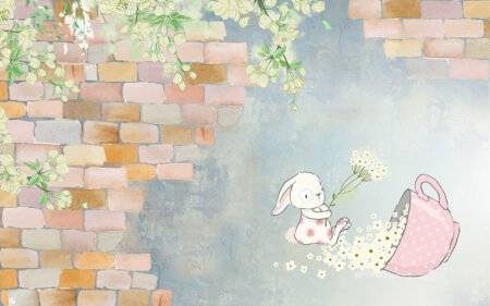 Обои кролик с цветами из чашки на фоне кирпичной стены в графическом стиле