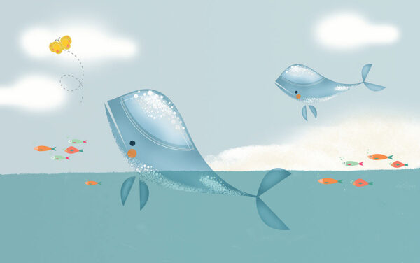 Дитячі шпалери кити з рибками у морі в графічному стилі