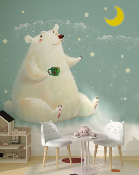 Дитячі шпалери з білим ведмедем на зимовому тлі з зірками у дитячій кімнаті