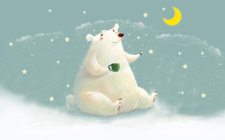 Дитячі шпалери з білим ведмедем на зимовому тлі з зірками