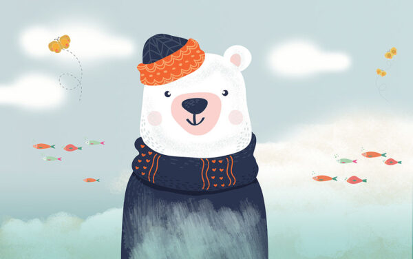 Дитячі шпалери з ведмедем у светрі та шапці на тлі з хмарами